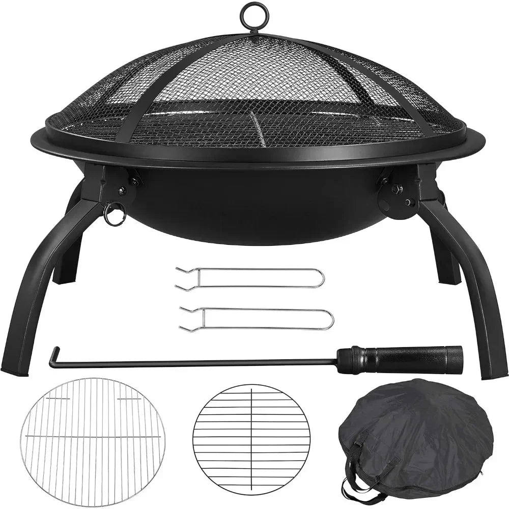 21-Inch Portable Folding Steel Fire Pit with Carrying Bag and BBQ Grill for Outdoor Use