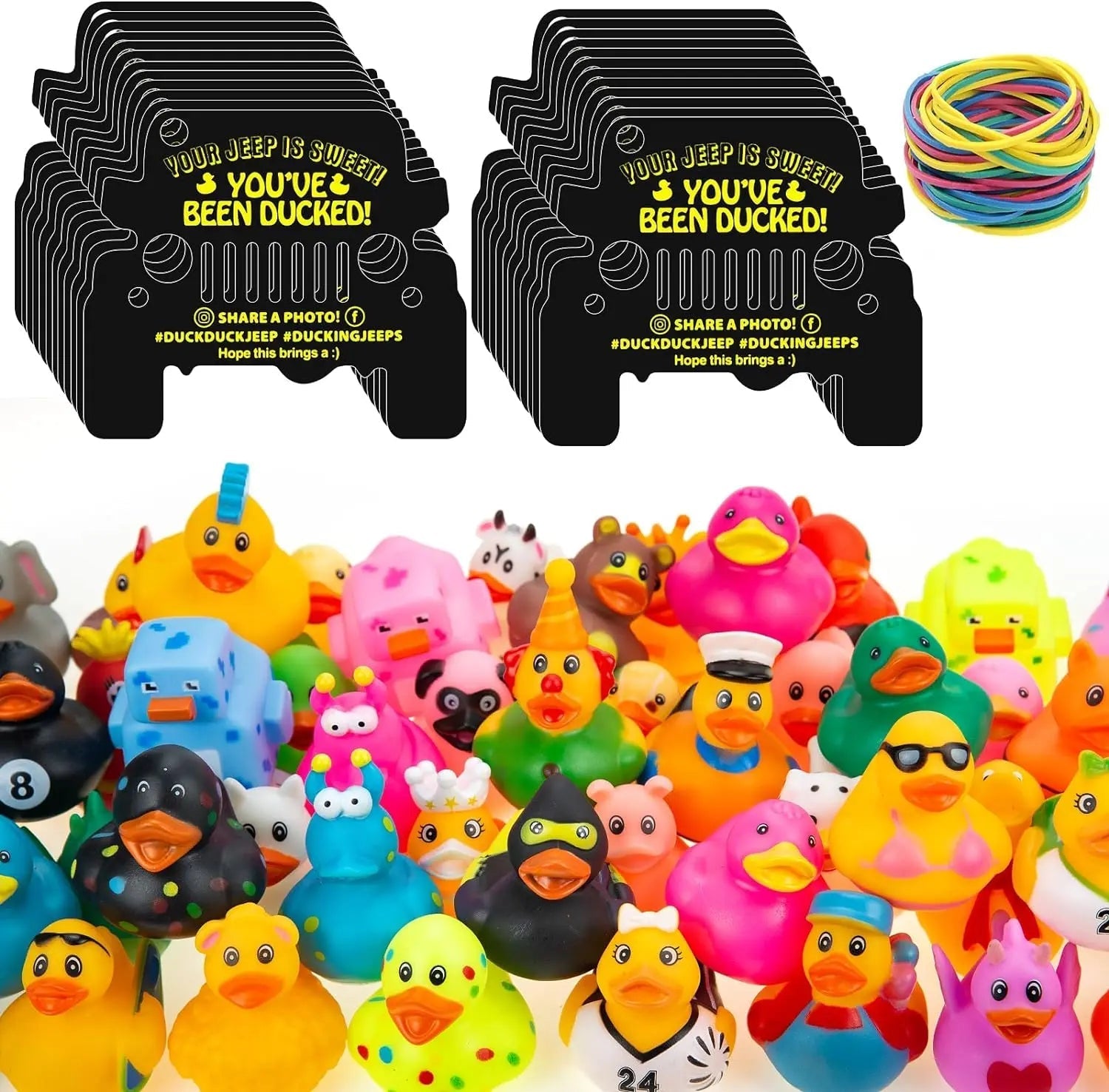 24-Pack Yellow Rubber Ducks with Tags & Bands – Black Jeep Die-Cut Set