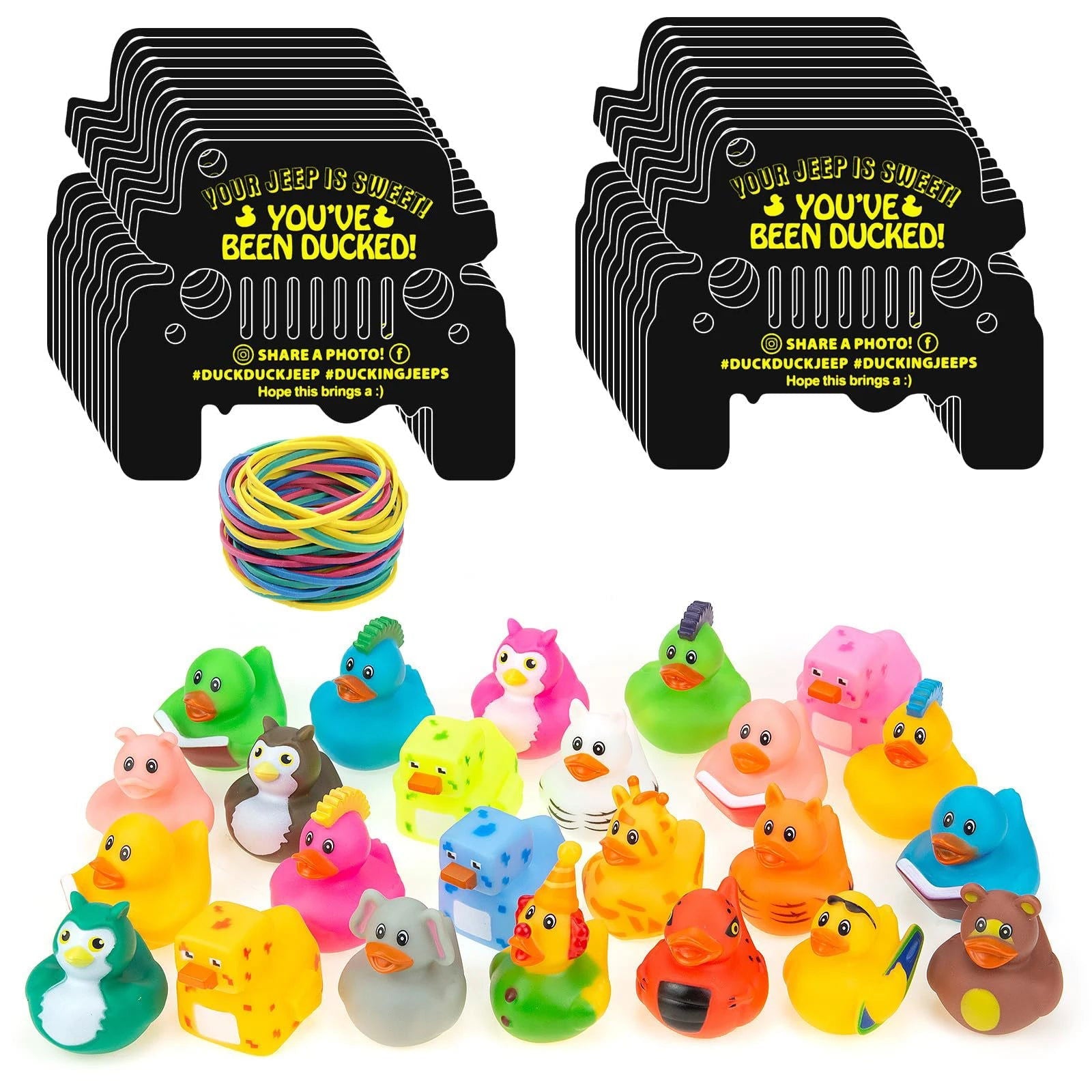 24-Pack Yellow Rubber Ducks with Tags & Bands – Black Jeep Die-Cut Set