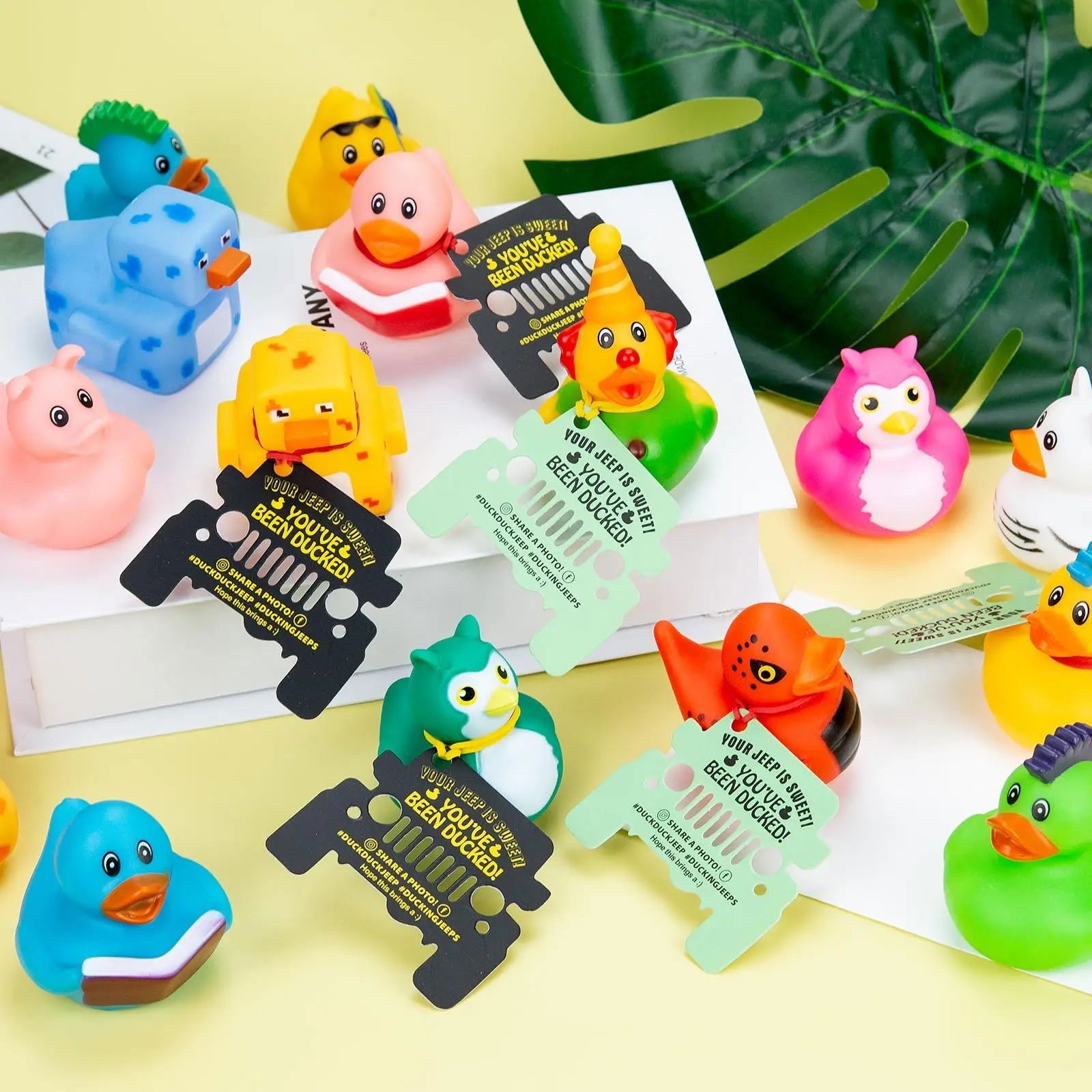 24-Pack Yellow Rubber Ducks with Tags & Bands – Black Jeep Die-Cut Set
