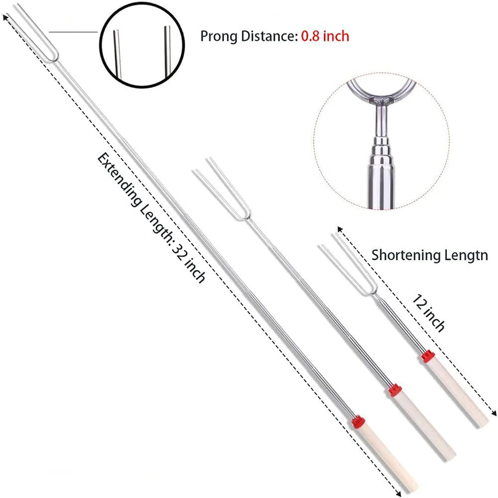 32" Retractable Marshmallow Roasting Forks with Wooden Handle – Campfire Skewer Grill Set