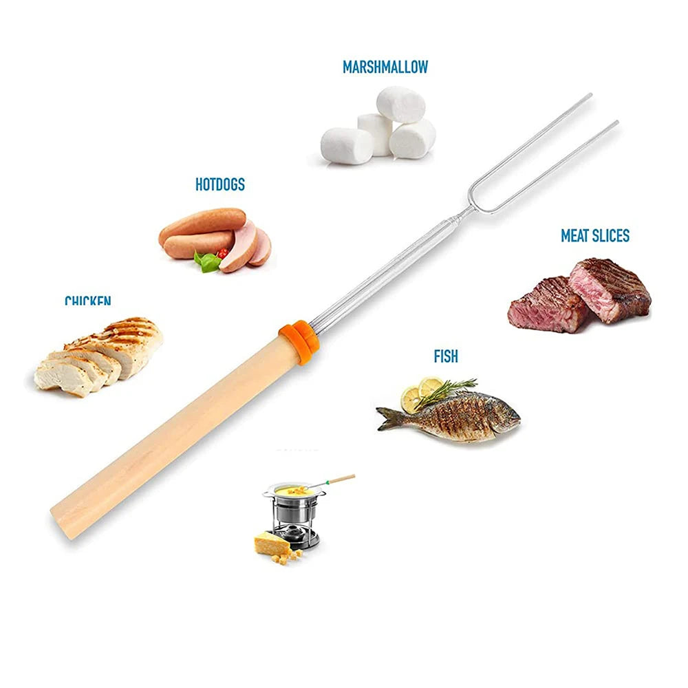 32" Retractable Marshmallow Roasting Forks with Wooden Handle – Campfire Skewer Grill Set