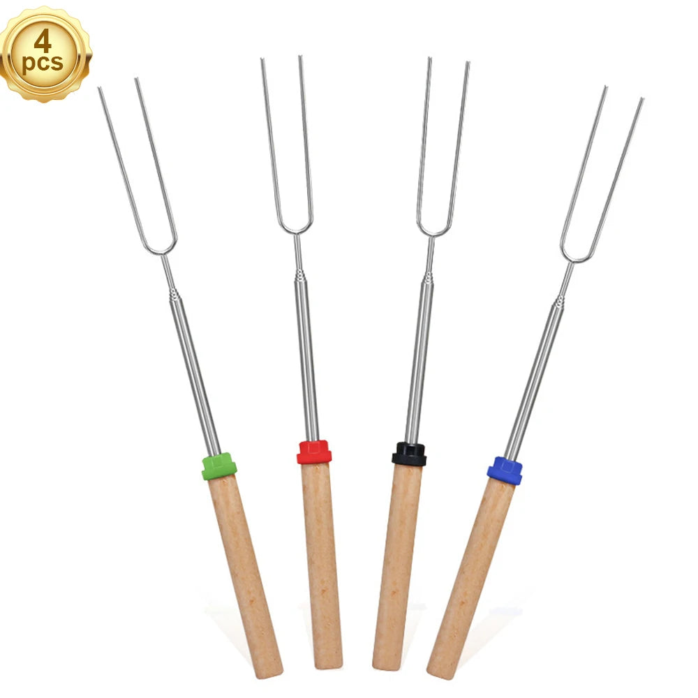 32" Retractable Marshmallow Roasting Forks with Wooden Handle – Campfire Skewer Grill Set