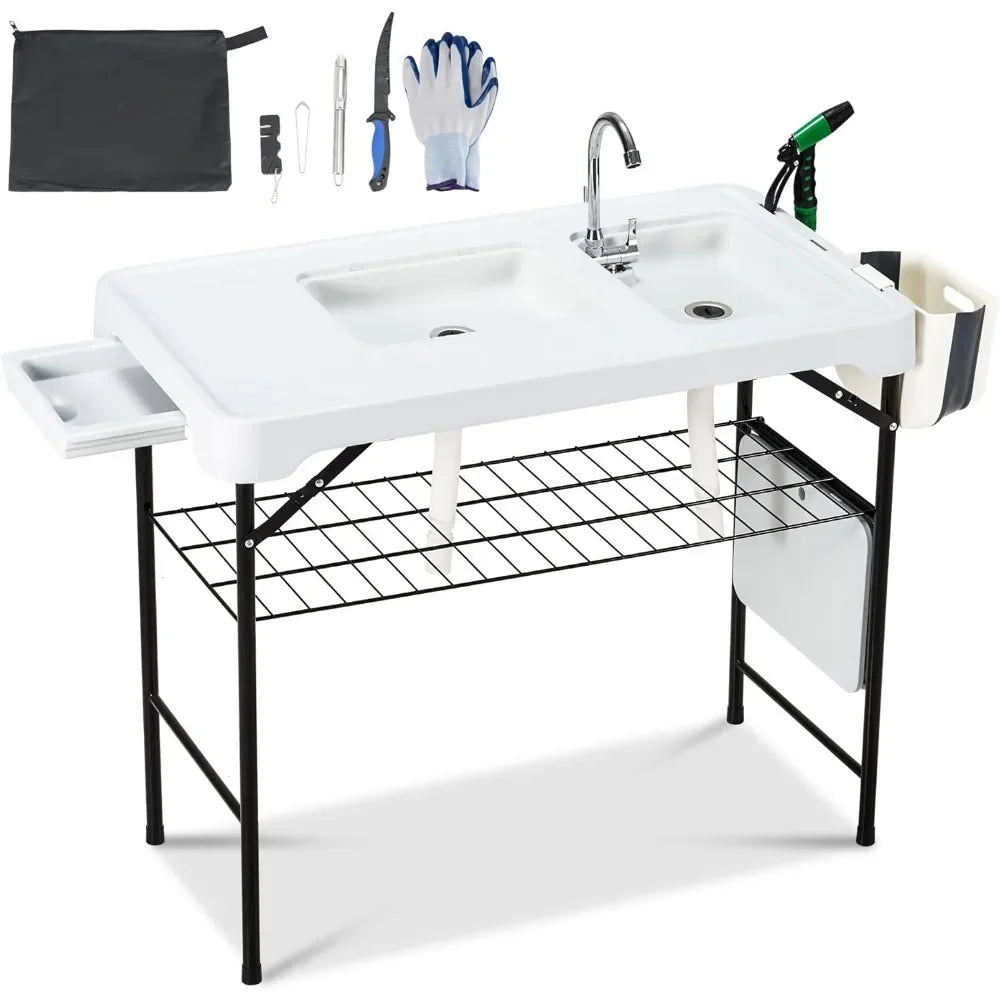 42" Portable Fish Cleaning Table with Double Sinks – Collapsible Camping Sink Station with Swivel Faucet