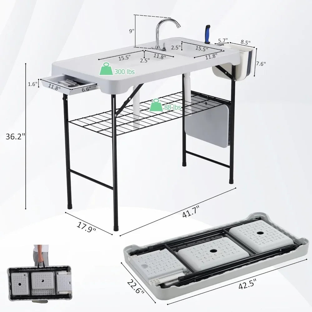 42" Portable Fish Cleaning Table with Double Sinks – Collapsible Camping Sink Station with Swivel Faucet