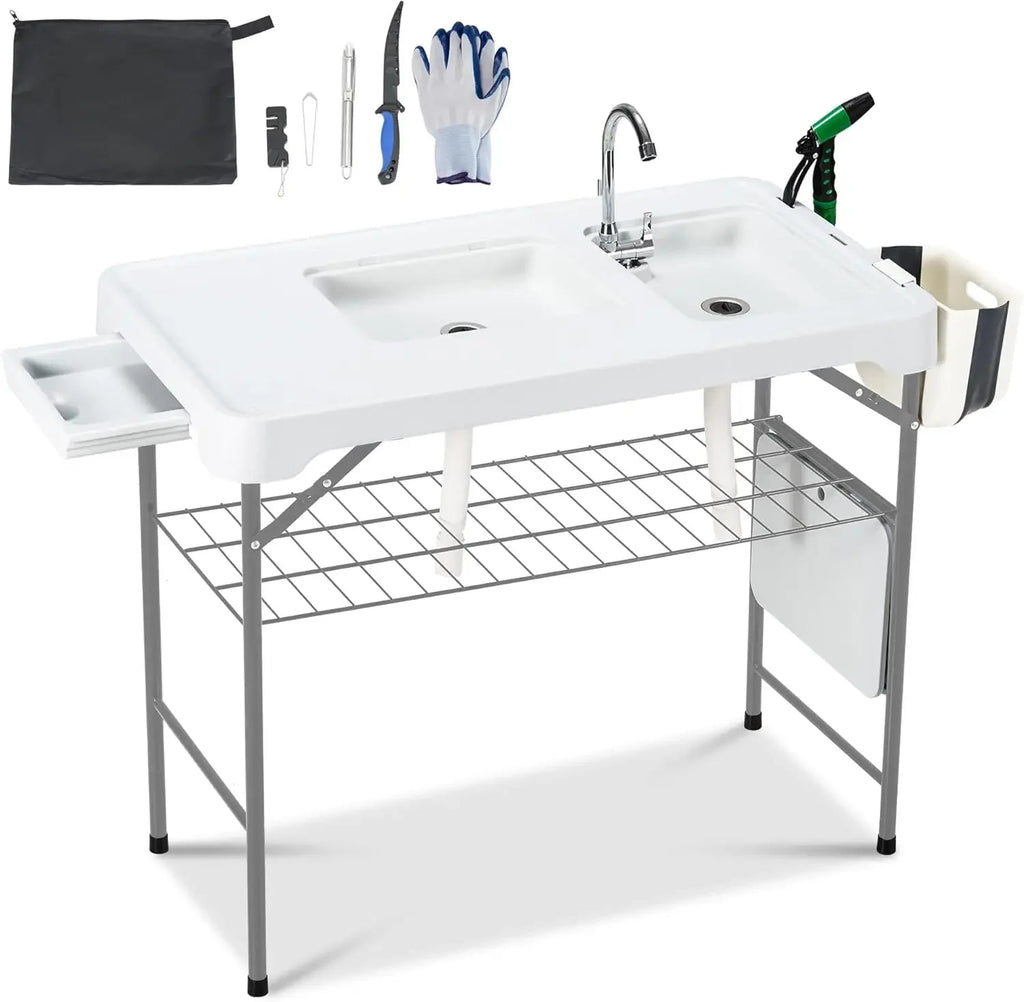 42" Portable Fish Cleaning Table with Double Sinks – Collapsible Camping Sink Station with Swivel Faucet