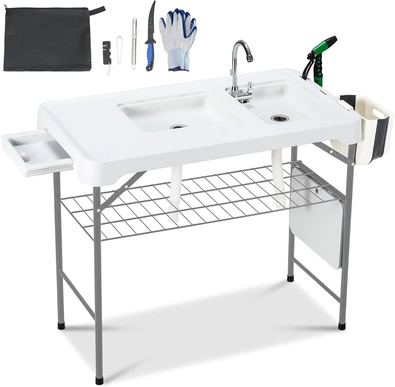 42" Portable Fish Cleaning Table with Double Sinks – Collapsible Camping Sink Station with Swivel Faucet