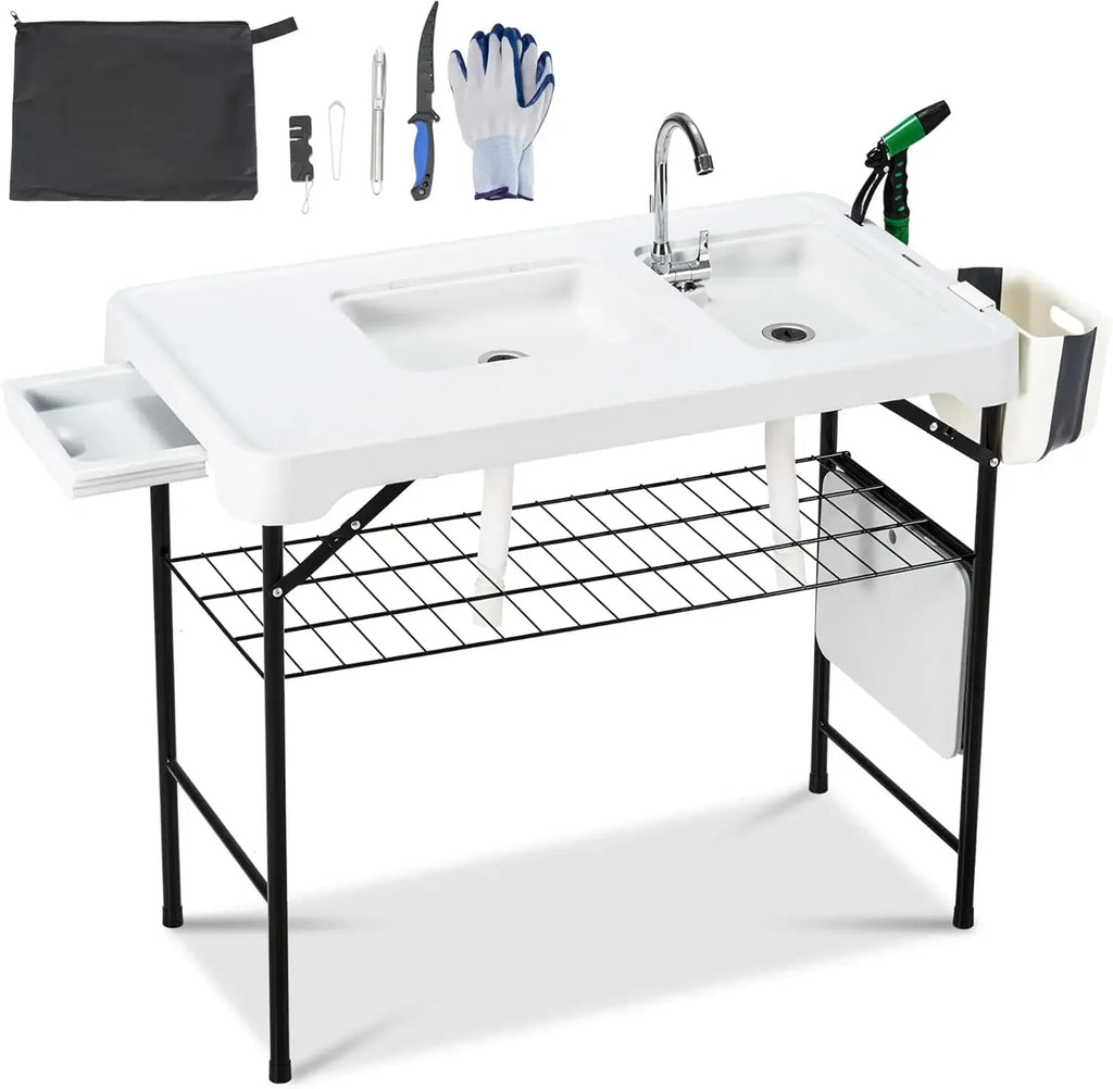 42" Portable Fish Cleaning Table with Double Sinks – Collapsible Camping Sink Station with Swivel Faucet