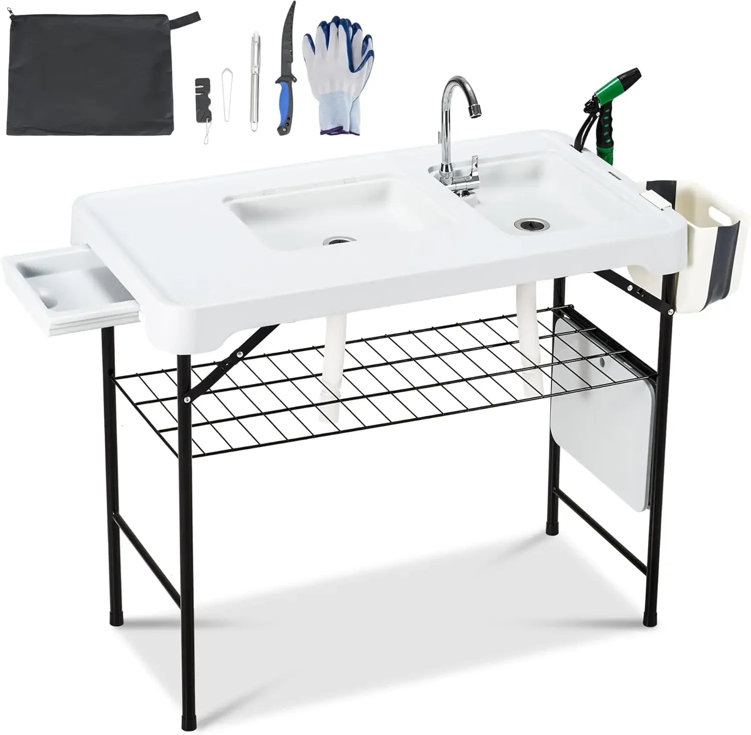42" Portable Fish Cleaning Table with Double Sinks – Collapsible Camping Sink Station with Swivel Faucet