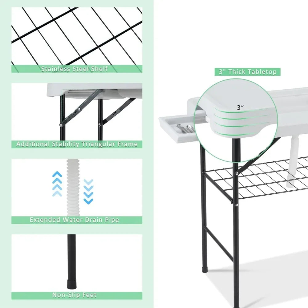 42" Portable Fish Cleaning Table with Double Sinks – Collapsible Camping Sink Station with Swivel Faucet