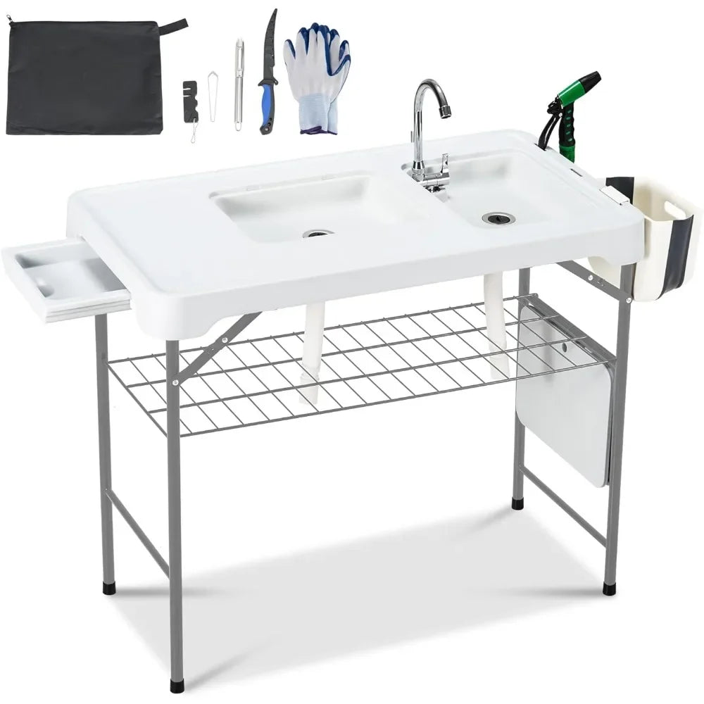 42" Portable Fish Cleaning Table with Double Sinks – Collapsible Camping Sink Station with Swivel Faucet