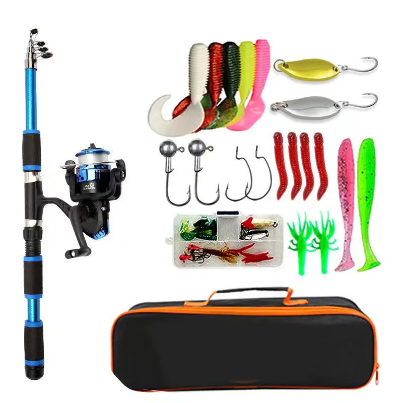 Compact Telescopic Fishing Pole Set – Complete Kit with Spinning Reel, Baits, and Hooks