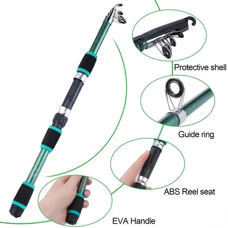 Compact Telescopic Fishing Pole Set – Complete Kit with Spinning Reel, Baits, and Hooks
