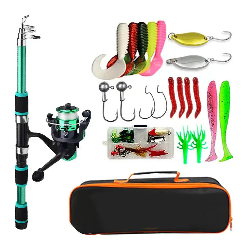 Compact Telescopic Fishing Pole Set – Complete Kit with Spinning Reel, Baits, and Hooks