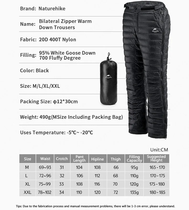 Goose Down Thermal Pants – Windproof, Waterproof Winter Trousers with Side Zippers for Men and Women
