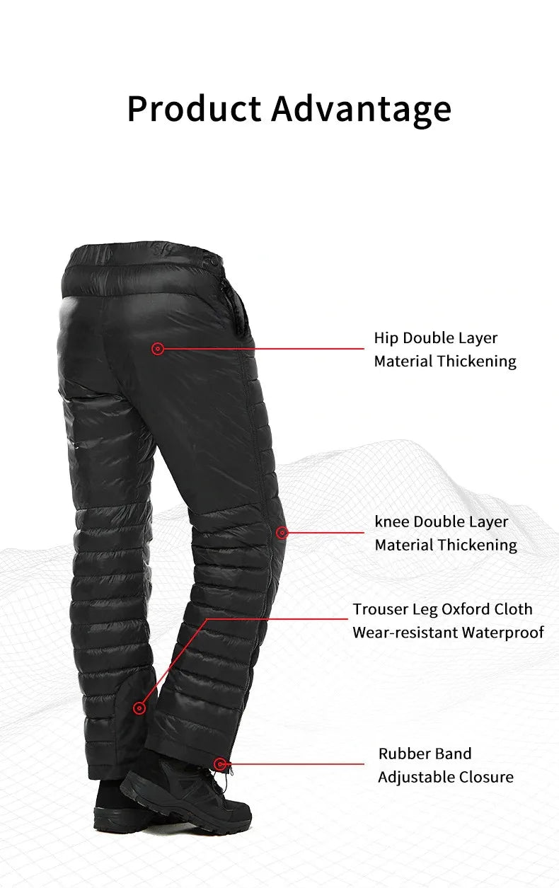 Goose Down Thermal Pants – Windproof, Waterproof Winter Trousers with Side Zippers for Men and Women