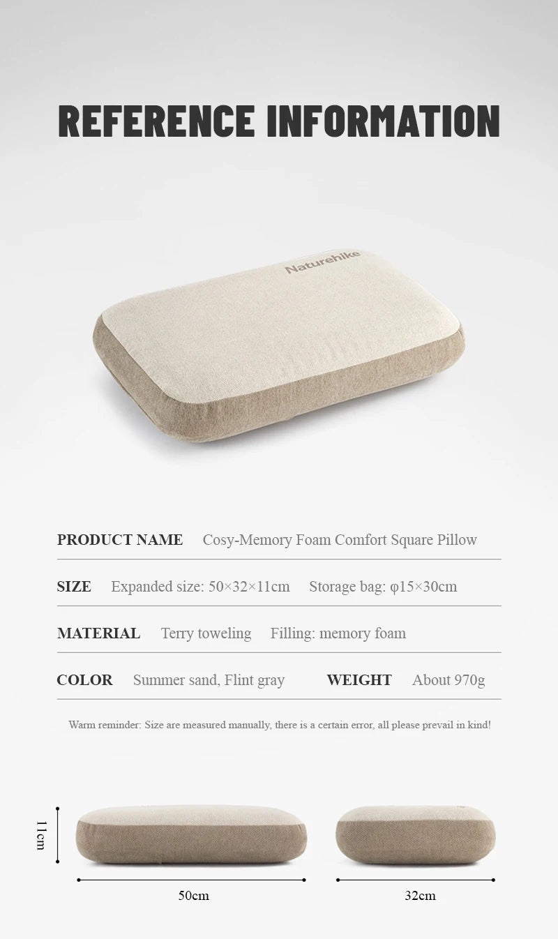 Memory Foam Comfort Pillow – Portable Square Camping and Travel Pillow with Easy Storage