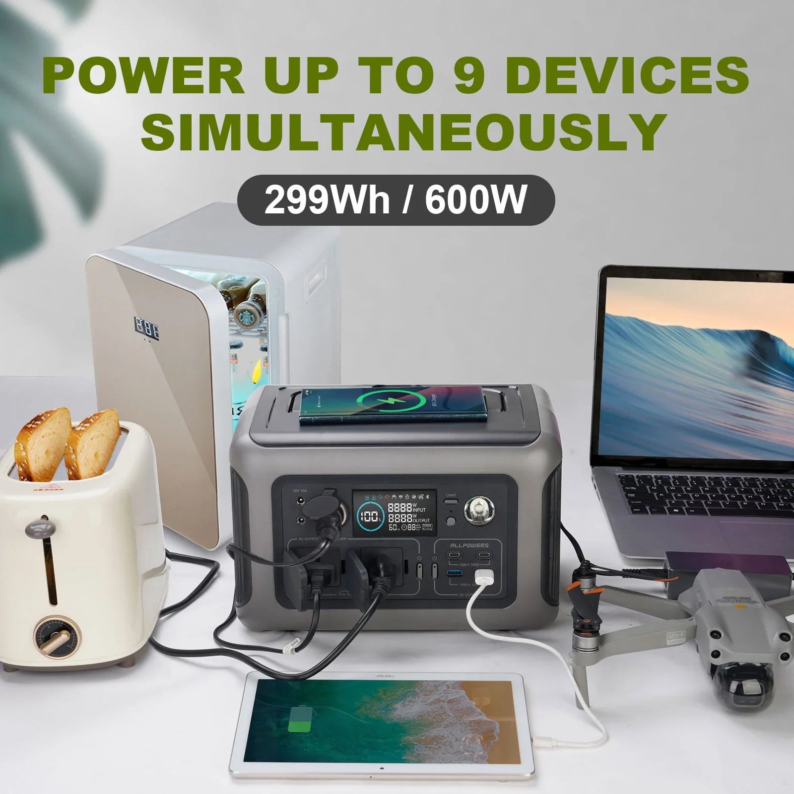 600W Portable Power Station – 299Wh LiFePO4 Battery with 2x 600W (1200W peak) AC Outlets