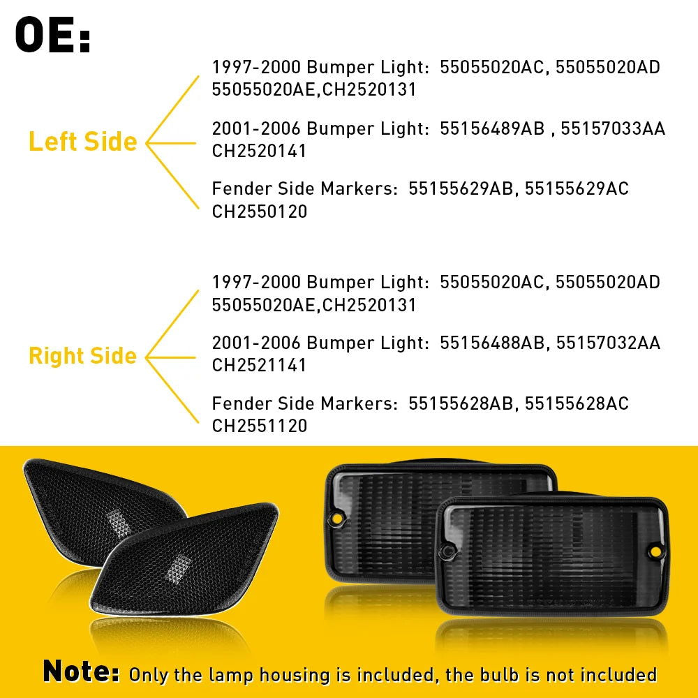 Smoked Lens Front Fender Side Marker & Turn Signal Housings 4 Piece Set – Replacement for Jeep Wrangler TJ 1997-2006