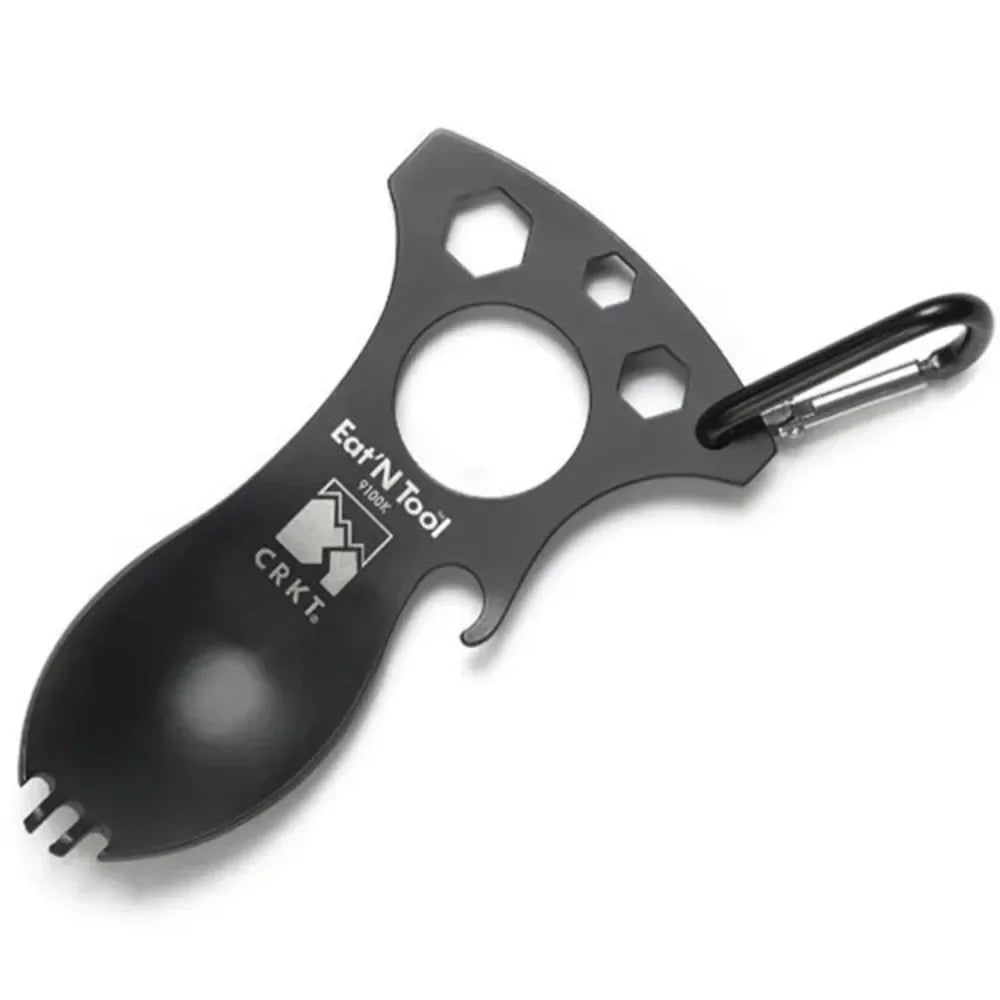 Stainless Steel Tactical Spork – Multi-Function EDC Spoon, Fork, Hex Wrench, Bottle Opener, and Carabiner