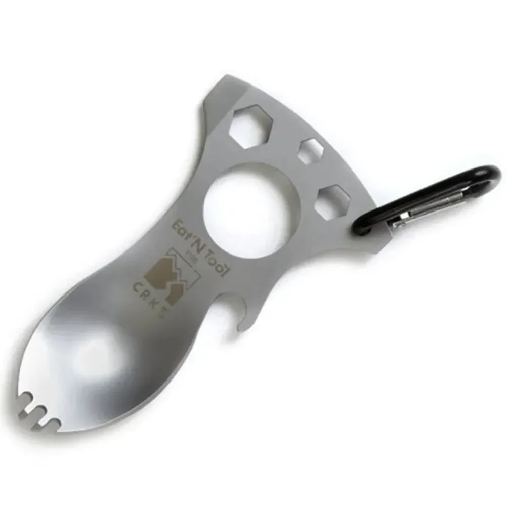 Stainless Steel Tactical Spork – Multi-Function EDC Spoon, Fork, Hex Wrench, Bottle Opener, and Carabiner