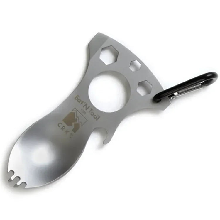 Stainless Steel Tactical Spork – Multi-Function EDC Spoon, Fork, Hex Wrench, Bottle Opener, and Carabiner