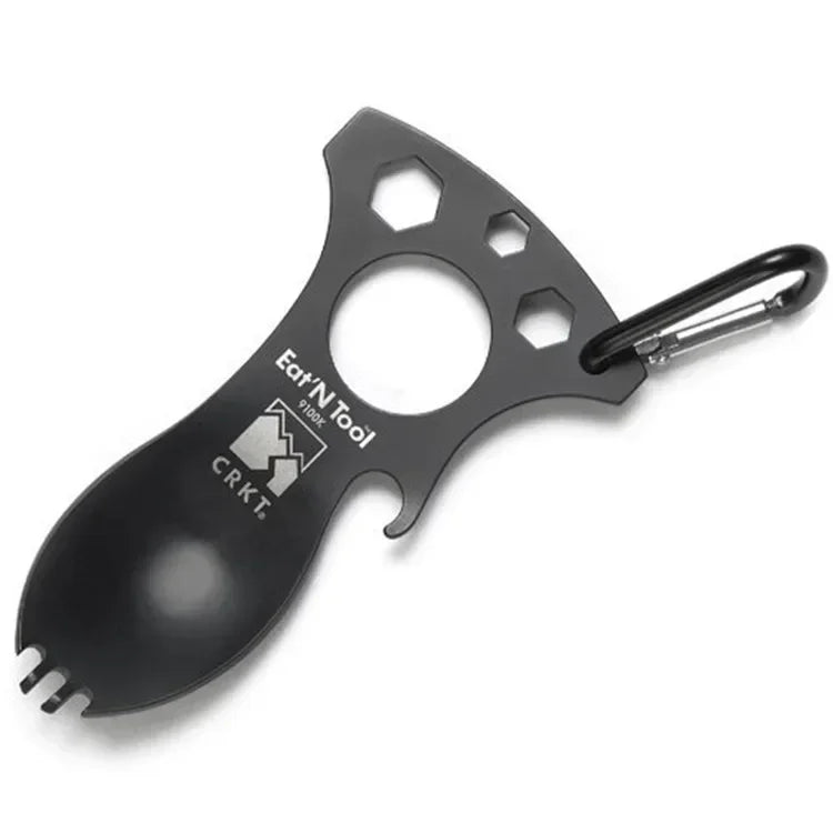 Stainless Steel Tactical Spork – Multi-Function EDC Spoon, Fork, Hex Wrench, Bottle Opener, and Carabiner
