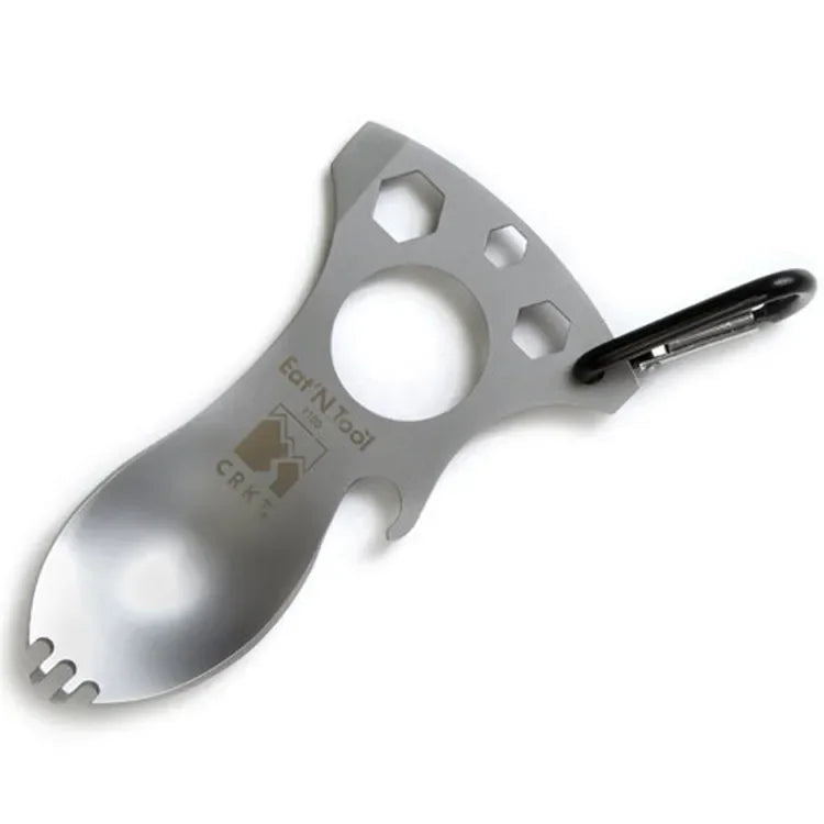 Stainless Steel Tactical Spork – Multi-Function EDC Spoon, Fork, Hex Wrench, Bottle Opener, and Carabiner