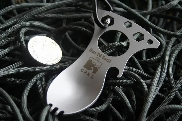 Stainless Steel Tactical Spork – Multi-Function EDC Spoon, Fork, Hex Wrench, Bottle Opener, and Carabiner