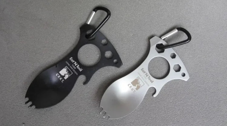 Stainless Steel Tactical Spork – Multi-Function EDC Spoon, Fork, Hex Wrench, Bottle Opener, and Carabiner