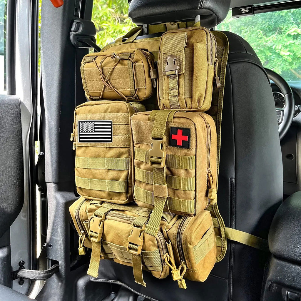 Tactical MOLLE Car Seat Back Organizer – Universal Vehicle Panel with 5 Storage Pouches for Gear and Equipment