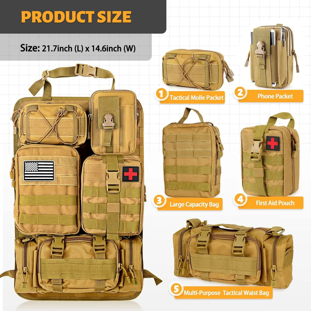 Tactical MOLLE Car Seat Back Organizer – Universal Vehicle Panel with 5 Storage Pouches for Gear and Equipment