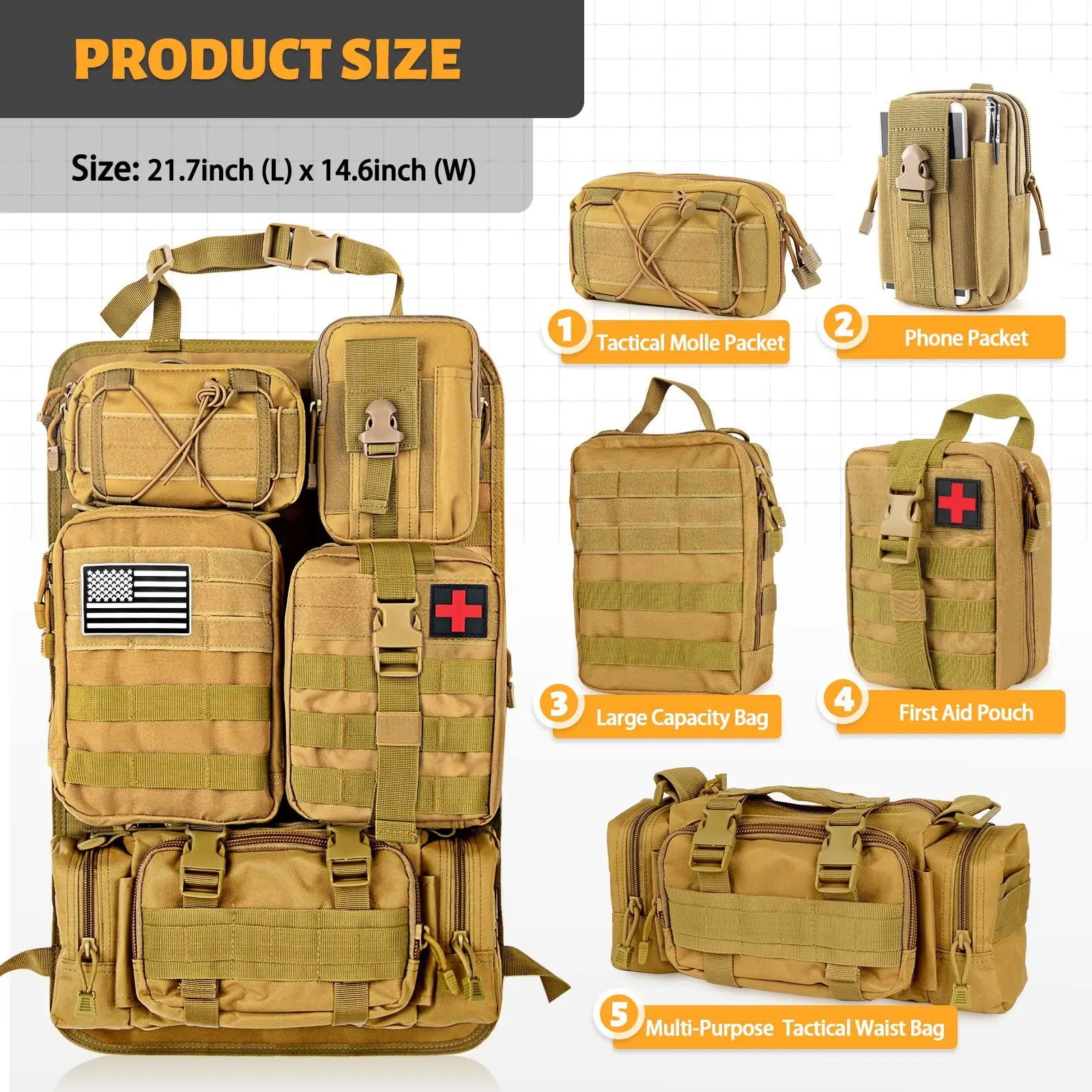 Tactical MOLLE Car Seat Back Organizer – Universal Vehicle Panel with 5 Storage Pouches for Gear and Equipment