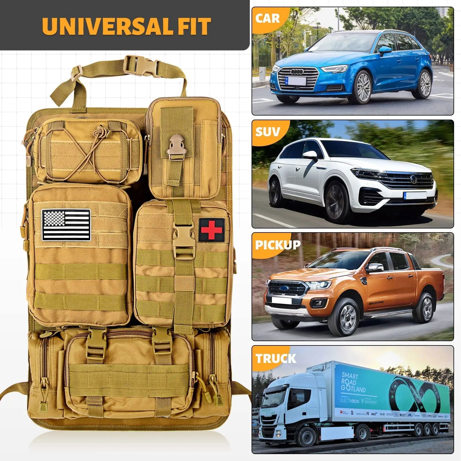 Tactical MOLLE Car Seat Back Organizer – Universal Vehicle Panel with 5 Storage Pouches for Gear and Equipment