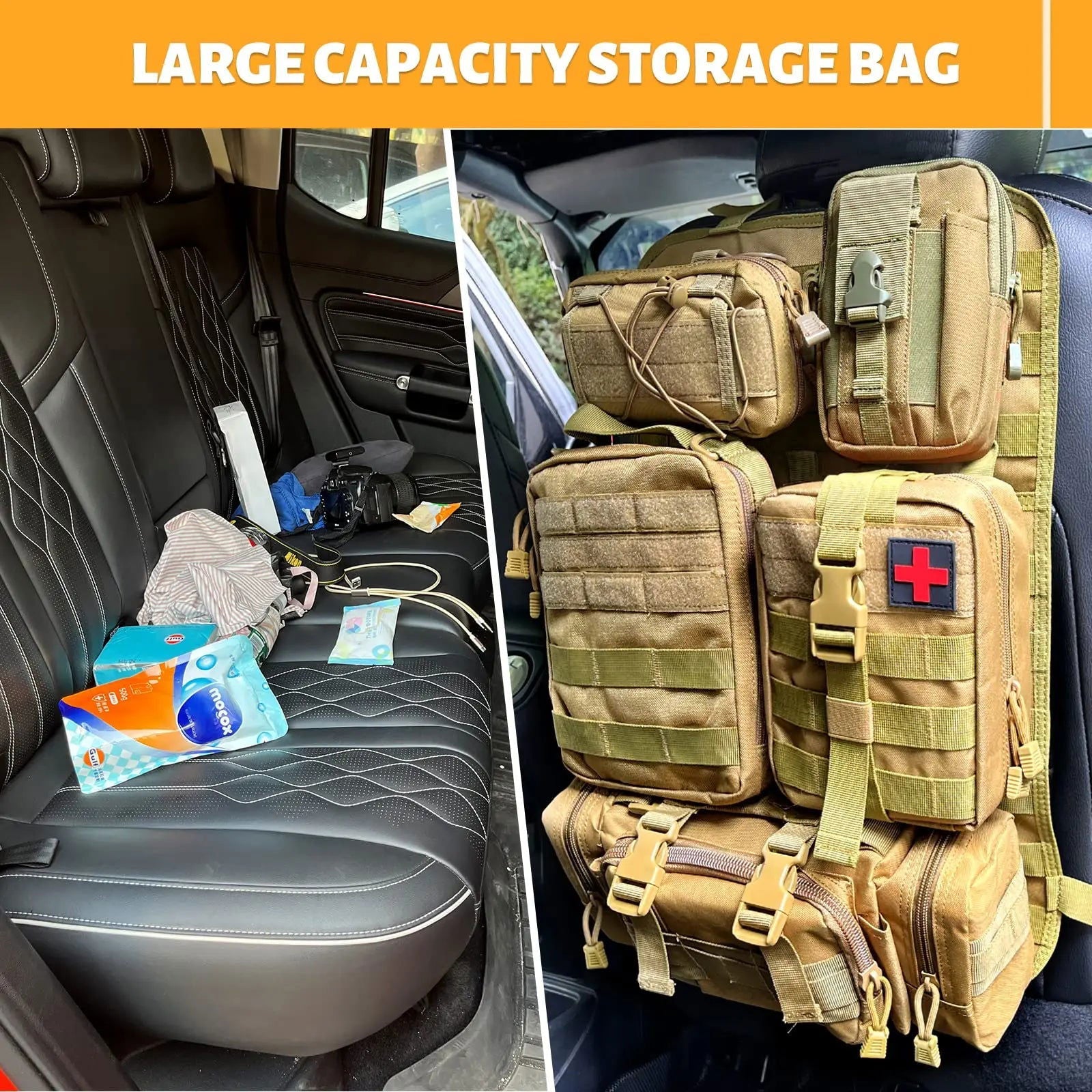 Tactical MOLLE Car Seat Back Organizer – Universal Vehicle Panel with 5 Storage Pouches for Gear and Equipment