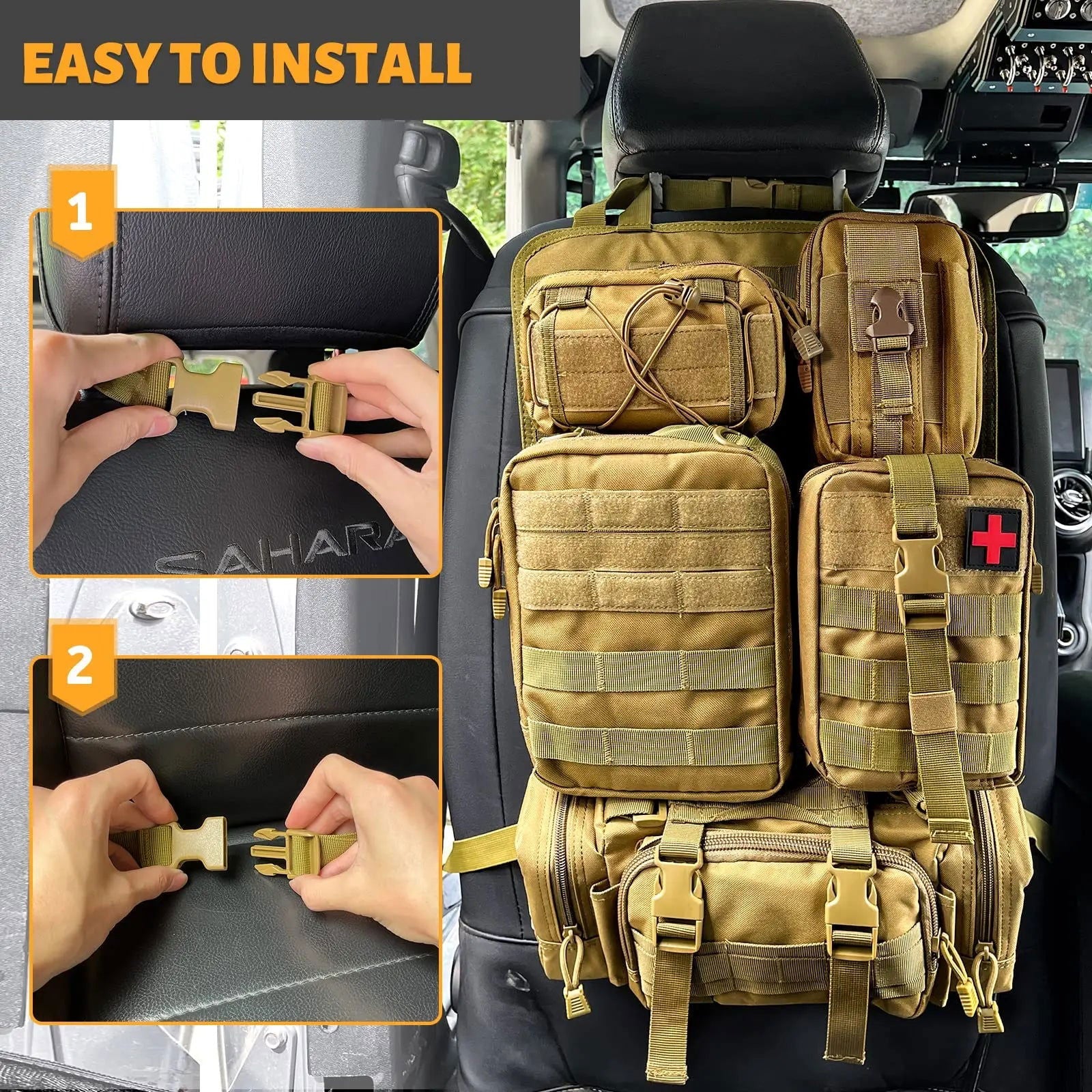Tactical MOLLE Car Seat Back Organizer – Universal Vehicle Panel with 5 Storage Pouches for Gear and Equipment