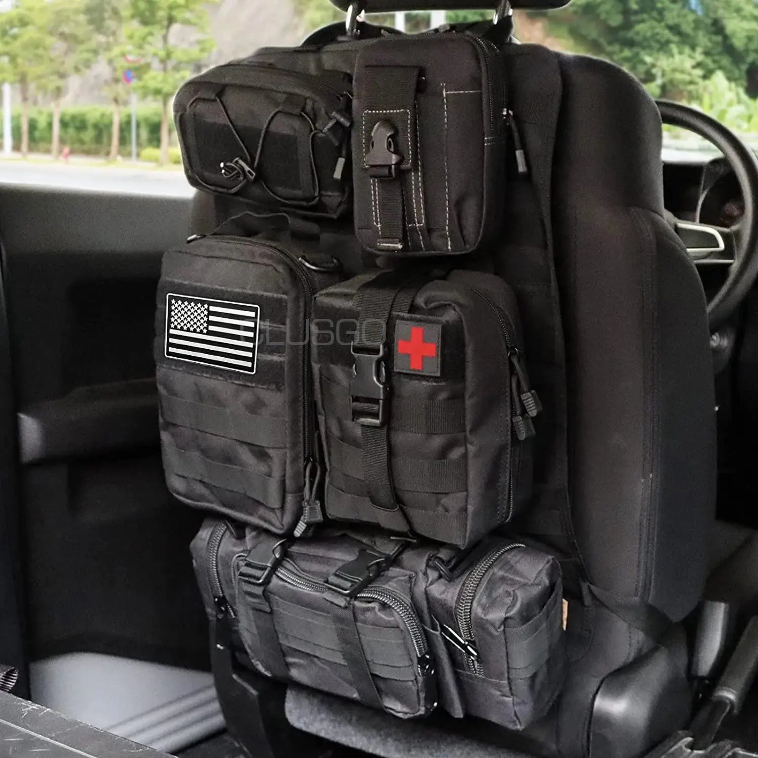 Tactical MOLLE Car Seat Back Organizer – Universal Vehicle Panel with 5 Storage Pouches for Gear and Equipment