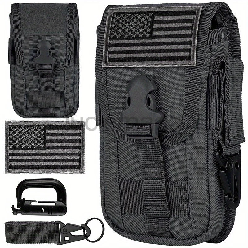 Tactical MOLLE Pouch – Hunting & Camping Waist Bag with US Flag Patch, D-Ring, Gear Clip, & 6.7" Phone Case Holder
