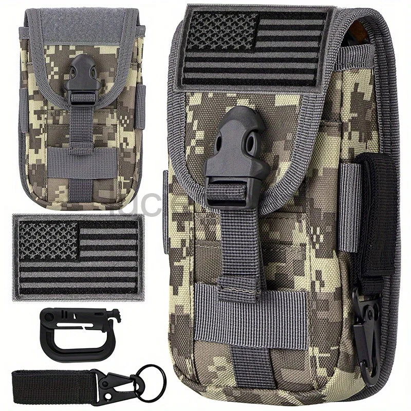Tactical MOLLE Pouch – Hunting & Camping Waist Bag with US Flag Patch, D-Ring, Gear Clip, & 6.7" Phone Case Holder