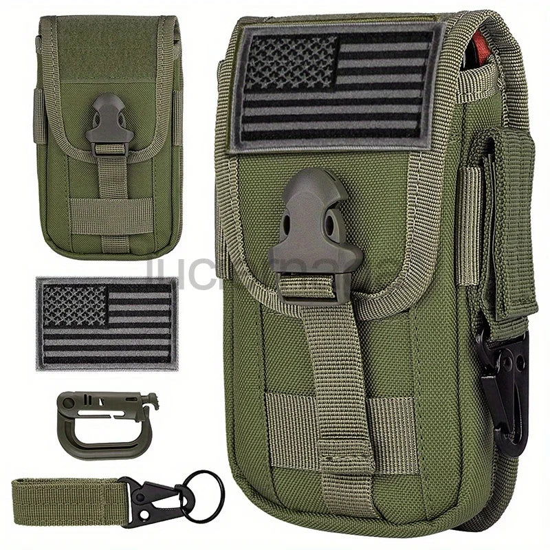Tactical MOLLE Pouch – Hunting & Camping Waist Bag with US Flag Patch, D-Ring, Gear Clip, & 6.7" Phone Case Holder