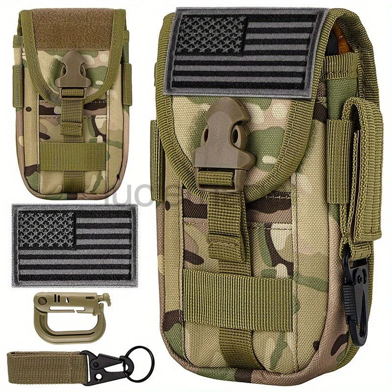 Tactical MOLLE Pouch – Hunting & Camping Waist Bag with US Flag Patch, D-Ring, Gear Clip, & 6.7" Phone Case Holder