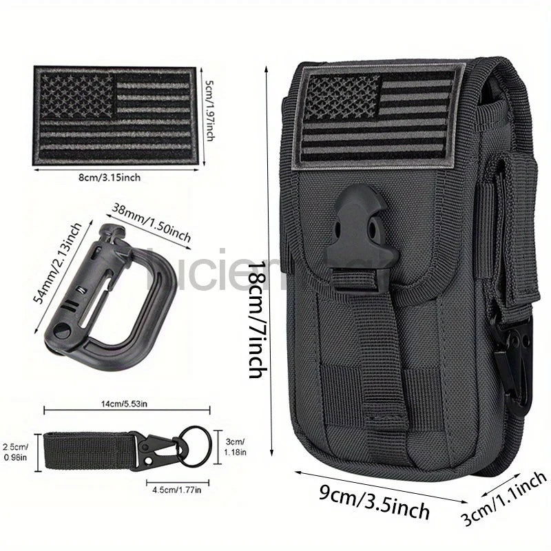 Tactical MOLLE Pouch – Hunting & Camping Waist Bag with US Flag Patch, D-Ring, Gear Clip, & 6.7" Phone Case Holder